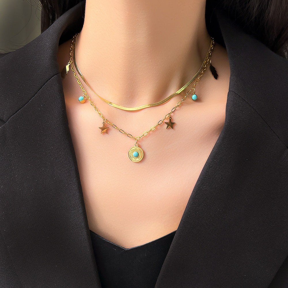 Wholesale Titanium Steel Double Layer Turquoise Pendant Necklace